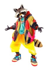 A raccoon dressed in a colorful outfit and sneakers