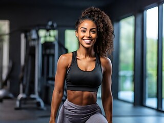 Smiling young black woman fitness model in sportswear doing exercise