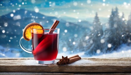 a glass of mulled red wine with cinnamon on old rustic wooden plank against blue background with winter landscape