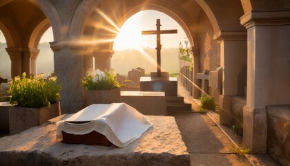 tomb empty with shroud and crucifixion at sunrise resurrection of jesus christ - obrazy, fototapety, plakaty