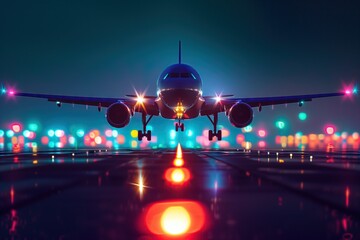 Passanger plane takes off or lands on the runway at night. Frontwise.