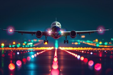 Passanger plane takes off or lands on the runway at night. Frontwise.