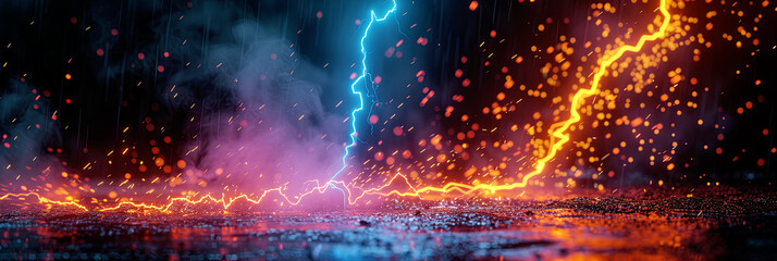 Colorful abstract lightning strike, wide format image background. 