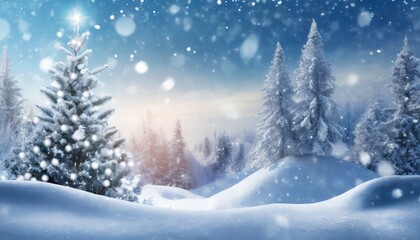 Naklejka premium beautiful landscape with snow covered fir trees and snowdrifts merry christmas and happy new year greeting background with copy space winter fairytale