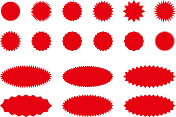 Starburst red sticker set - collection of special offer sale oval and round shaped sunburst labels and badges. Red starburst, sunburst, stamp, seal, label or burst, badge, sticker. Vector.