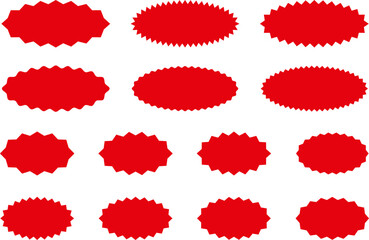Starburst red sticker set - collection of special offer sale oval and round shaped sunburst labels and badges. Red starburst, sunburst, stamp, seal, label or burst, badge, sticker. Vector.