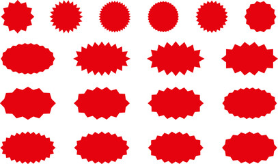 Starburst red sticker set - collection of special offer sale oval and round shaped sunburst labels and badges. Red starburst, sunburst, stamp, seal, label or burst, badge, sticker. Vector.