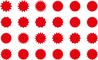 Starburst red sticker set - collection of special offer sale oval and round shaped sunburst labels and badges. Red starburst, sunburst, stamp, seal, label or burst, badge, sticker. Vector.