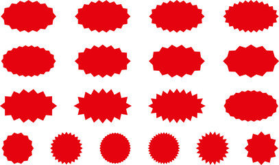 Starburst red sticker set - collection of special offer sale oval and round shaped sunburst labels and badges. Red starburst, sunburst, stamp, seal, label or burst, badge, sticker. Vector.
