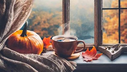 Poster cup of hot autumn coffee or tea on the window living in hygge style hot drink in cold autumn fall weather halloween © Ashley