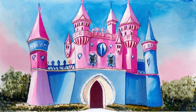 cinderella castle in the new pink and blue paint with 50th medallion