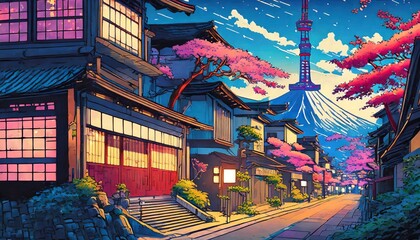 a beautiful japanese tokyo city town in the evening houses at the street anime comics artstyle cozy...