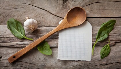 wooden spoon and a cooking recipe on wooden background