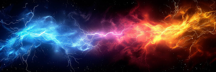 Lightning illustration, colorful wide format image on black background. 