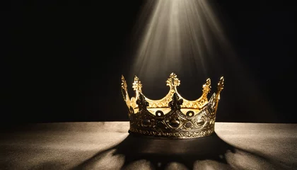 Fotobehang vertical photo for posters and banners a crown on a black background is highlighted with a golden beam one to one low key image of a beautiful queen fantasy of the medieval period game thrones © Ashley
