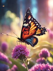 Vibrant, colorful Butterfly perched on garden flower.