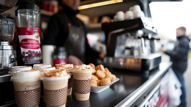 Busy city coffee shop van offering fresh coffee to go on the bustling streets of the city
