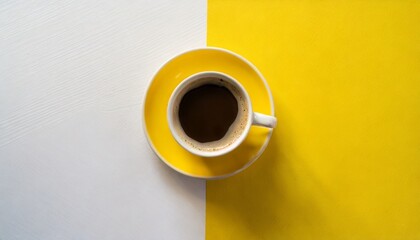 top view of coffee cup on yellow and white background