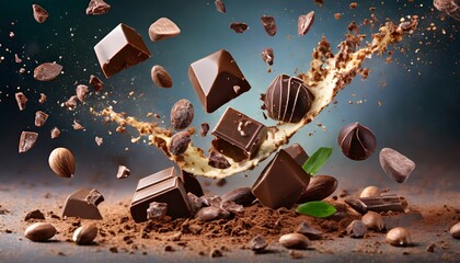 flying pieces of crushed chocolate pieces