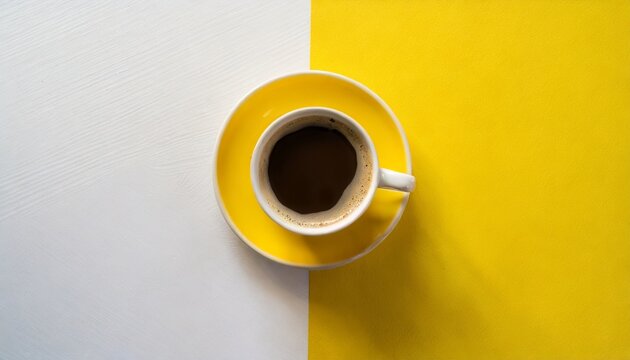 Top View Of Coffee Cup On Yellow And White Background