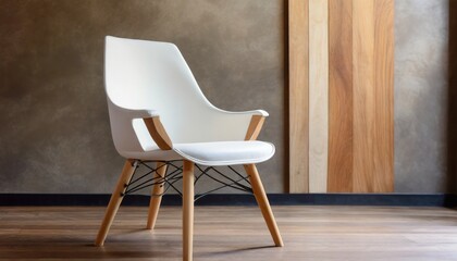 single modern white chair furniture with wood legs with wall in room background