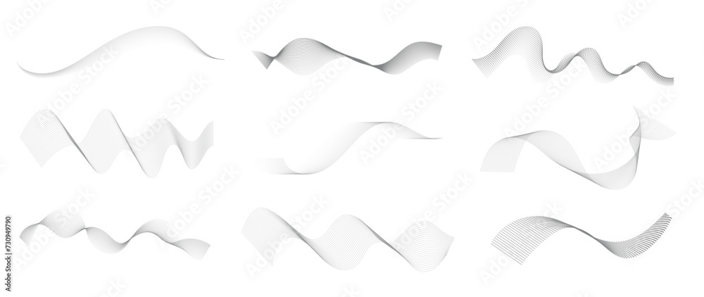 Wall mural abstract dotted halftone wave element vector. collection grey digital wavy dot, twisted wave line an