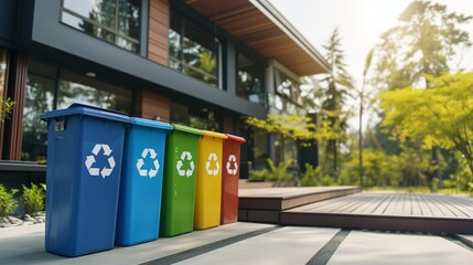 Recycling bins near the modern house
