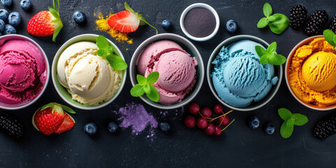 Fototapeta na wymiar Assorted Colorful Ice Cream Scoops with Berries. Variety of vibrant fruit milky ice cream scoops in bowls, simple table background.