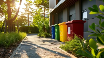 Fototapeta na wymiar Recycling bins near the modern house