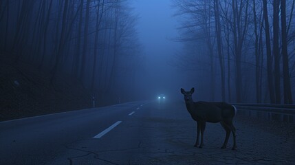 Deer crossing the misty road near forest in foggy morning   road hazards and wildlife