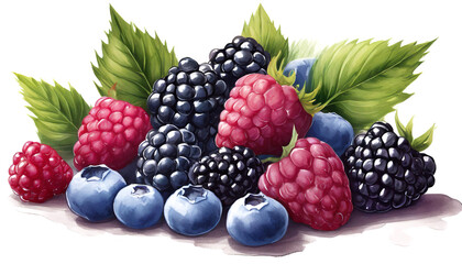Blackberries, raspberries and blueberries on white background, art design