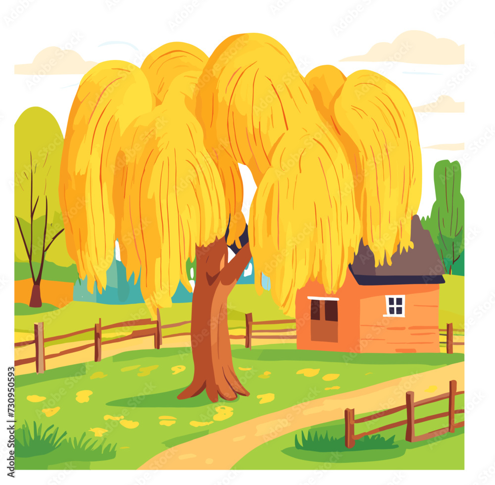 Wall mural landscape with tree and house