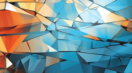This is an abstract digital art piece featuring a mosaic of geometric shapes in vibrant hues of orange, blue, and red, giving the impression of a fragmented glass pattern.