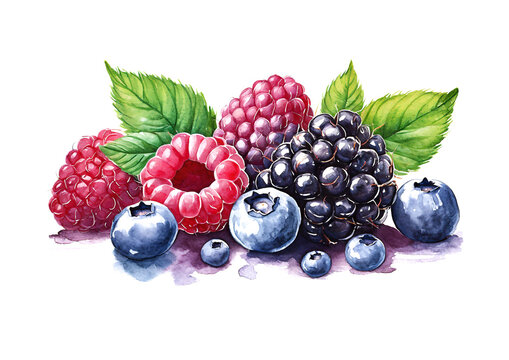Blackberries, raspberries and blueberries on white background