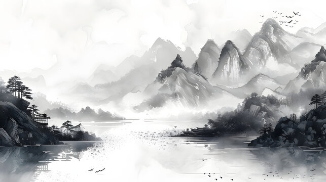 Chinese ink painting of mountains and water