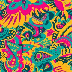 Fototapeta na wymiar Carnival Inspired Vibrant Pattern Art. A yellow-based Latin carnival pattern bursting with lively shapes and colors.