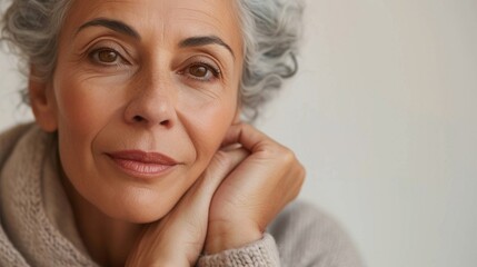 A close-up portrait of a mature woman with gray hair wearing a soft-looking sweater with a gentle expression and her hand resting on her cheek. - 730950911