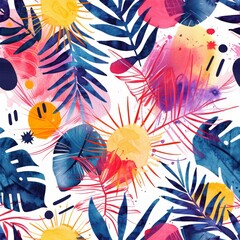 Abstract Watercolor Tropical Foliage Pattern. Seamless watercolor pattern with tropical leaves and sun motifs.