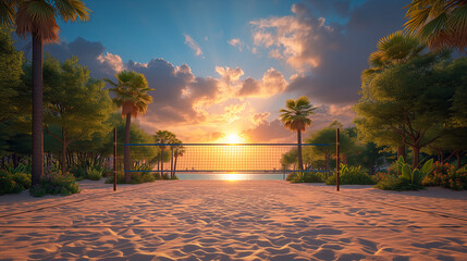 Beach volleyball court with sunset view background - Powered by Adobe