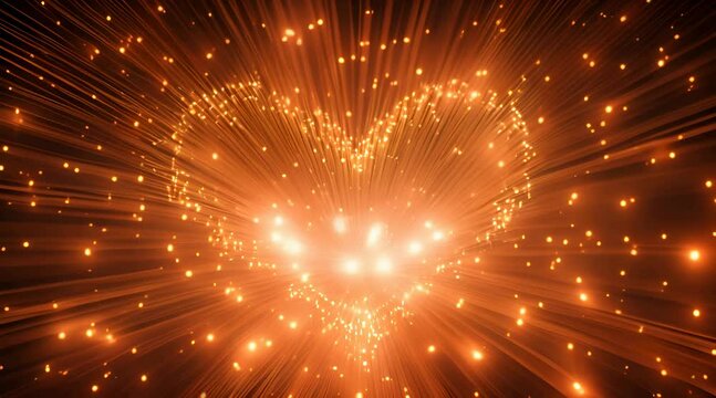 Golden heart-shaped light strands radiating against a dramatic black backdrop, creating a captivating and romantic visual effect