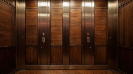 Obraz premium Wood lined interior of a closed vintage Soviet elevator.