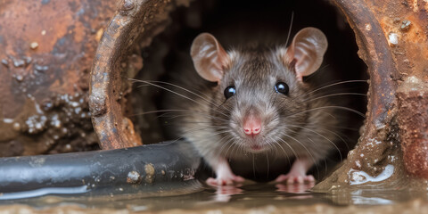 Curious Rat Peeking from Sewer Pipe. Close-up of a rat inside a rusty sewer pipe. Rodent problem in the canalization system, unsanitary. - obrazy, fototapety, plakaty