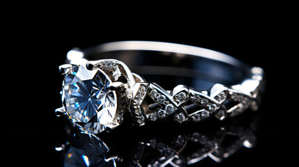 Diamond ring on a black background, close-up.