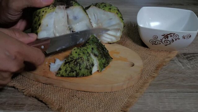 a man cutting ripe soursop fruit (annona muricta)