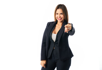 successful Latina businesswoman points her finger at camera with big smile