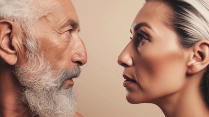 A close-up of two individuals facing each other with one person appearing to be an older man with a...