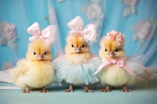 Three adorable baby chicks dressed in pastel tutus and bows stand against a floral backdrop, exuding charm and whimsy.