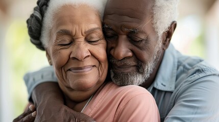 Fototapeta premium An elderly couple sharing a tender embrace their faces lit up with smiles reflecting a lifetime of love and companionship.