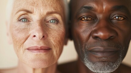 Two elderly individuals with contrasting skin tones both displaying wrinkles and age spots with one having a lighter complexion and the other a darker complexion both with a serene expression.