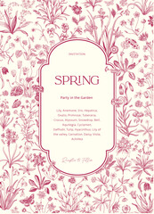 Spring. Invitation. Vintage vector botanical illustration. Magenta and white  - 730952360